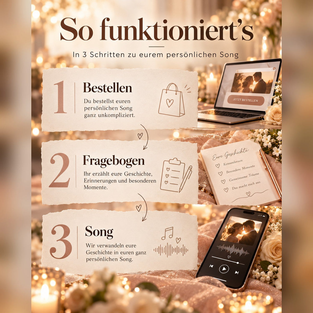 So funktioniert's: Bestellen, Fragebogen ausfüllen, persönlichen Song erhalten