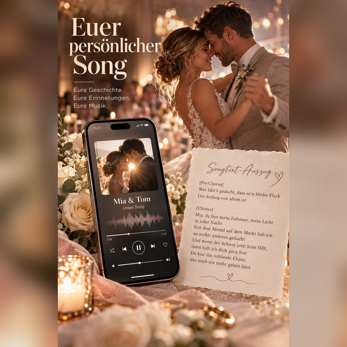 Euer persönlicher Song – Brautpaar beim Tanz mit Songtext-Auszug „Mia & Tom“