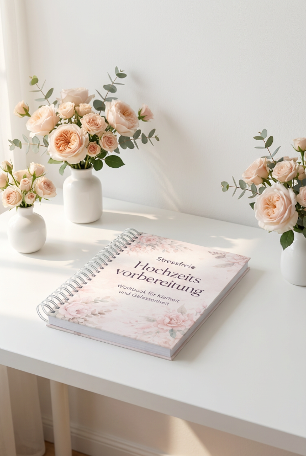 Stressfreie Hochzeitsvorbereitung Workbook als Ringheft in Rosé mit floralen Details für mehr Klarheit und weniger Entscheidungsdruck bei der Brautkleidsuche